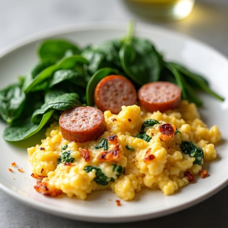 Egg White and Turkey Sausage Scramble with Sautéed Spinach