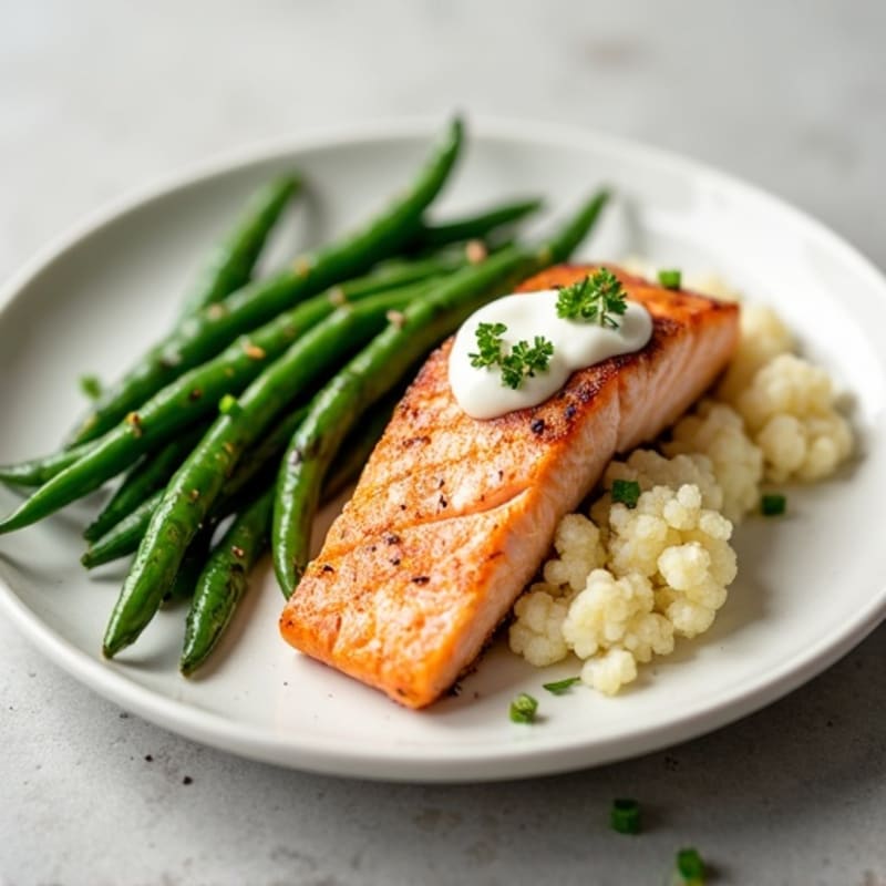 Seared Salmon with Steamed Green Beans and Garlic Mashed Cauliflower