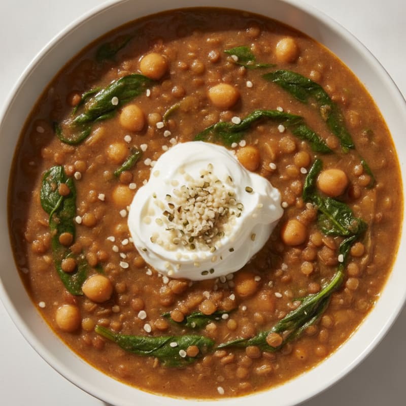 Creamy Lentil and Chickpea Stew with Spinach and Hemp Seeds