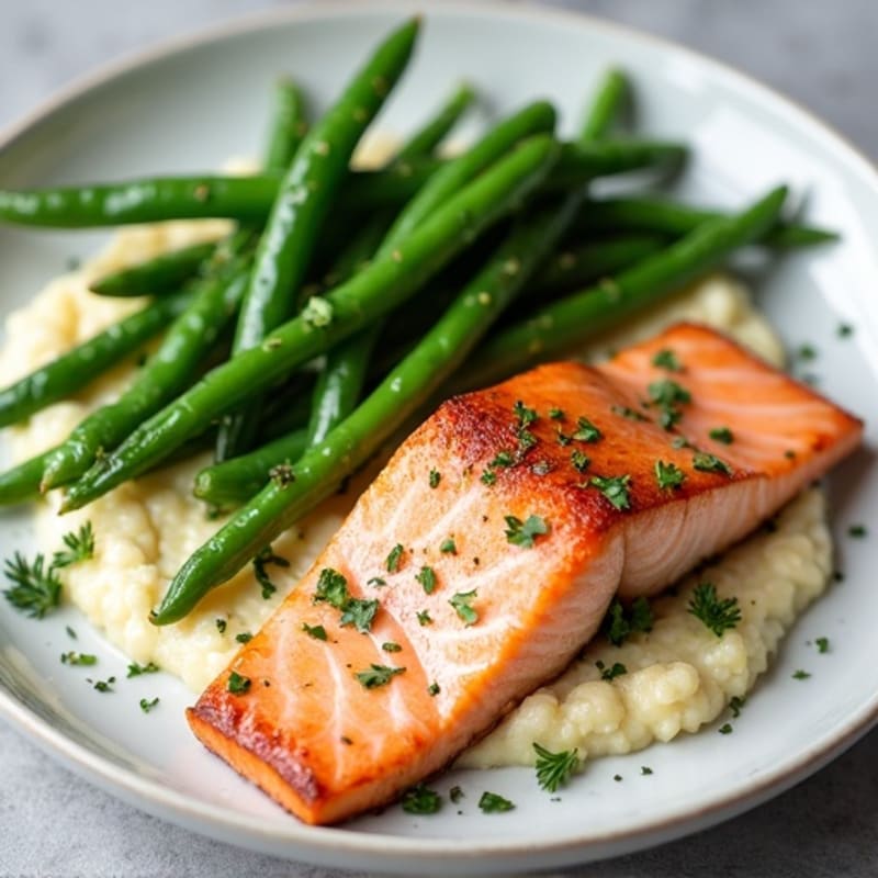Seared Salmon with Steamed Green Beans and Herb-Cauliflower Mash