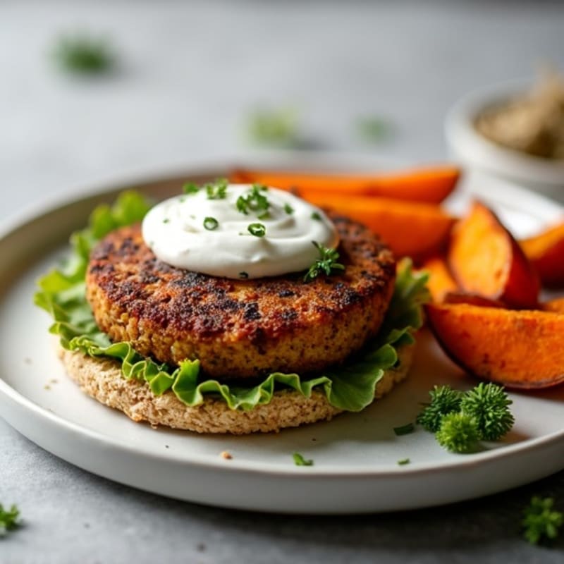 Hearty Black Bean Burger with Roasted Sweet Potato Wedges