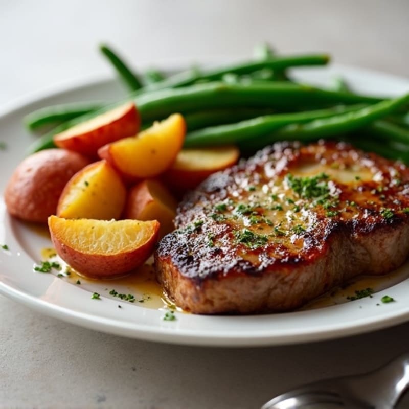 Pan-Seared Garlic Butter Steak with Crispy Roasted Potatoes and Tender Green Beans