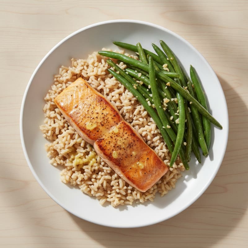 Seared Salmon with Garlic Green Beans and Brown Rice
