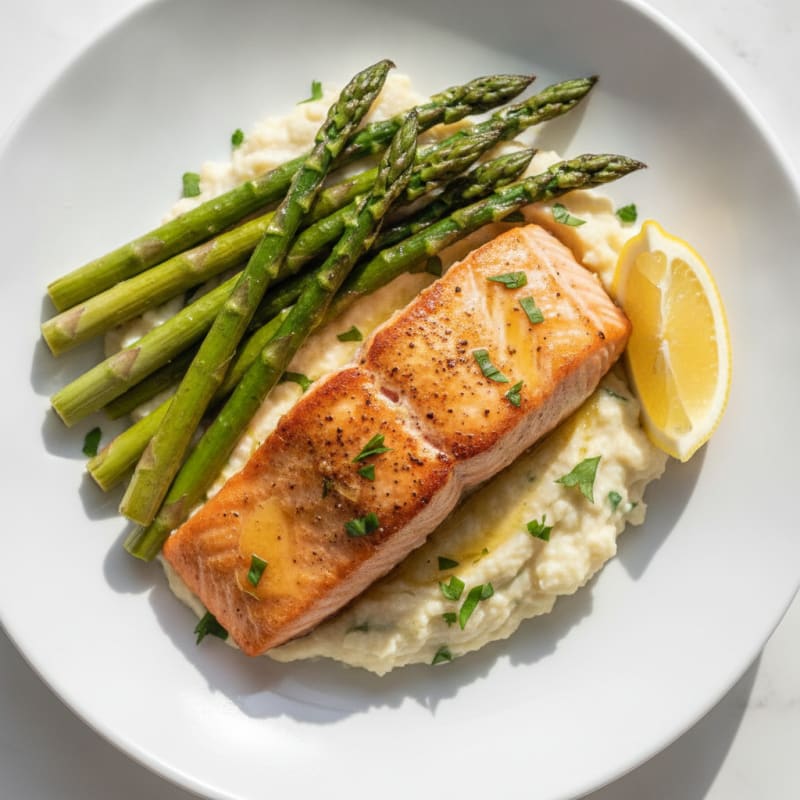 Seared Salmon Fillet with Roasted Asparagus and Cauliflower Mash