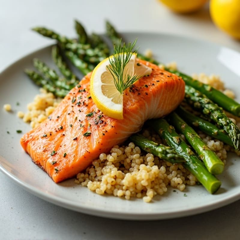 Flaky Roasted Salmon with Lemon-Herb Quinoa and Crispy Asparagus