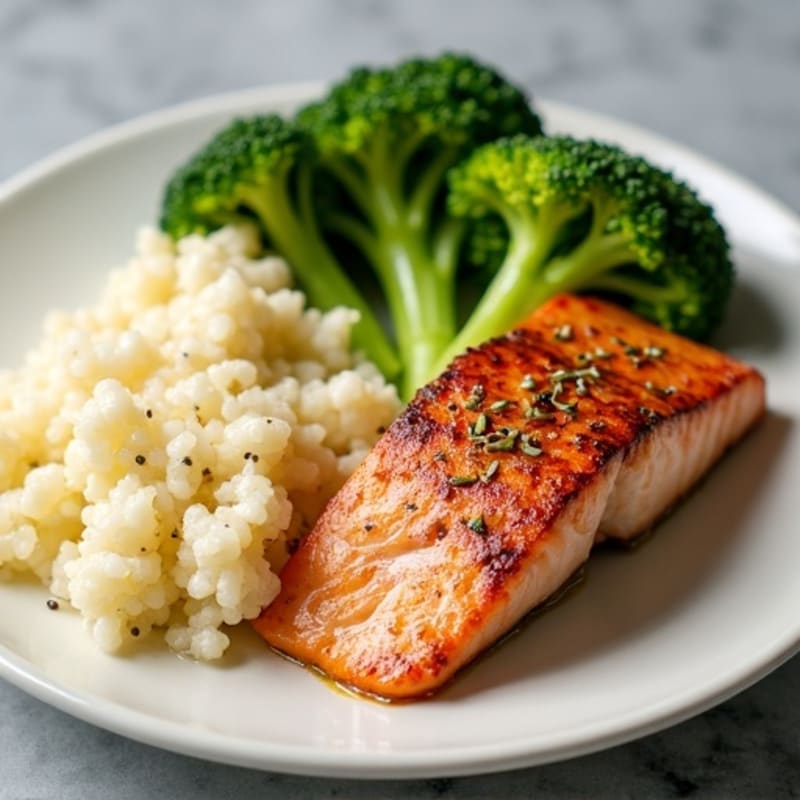 Seared Salmon with Steamed Broccoli and Cauliflower Rice