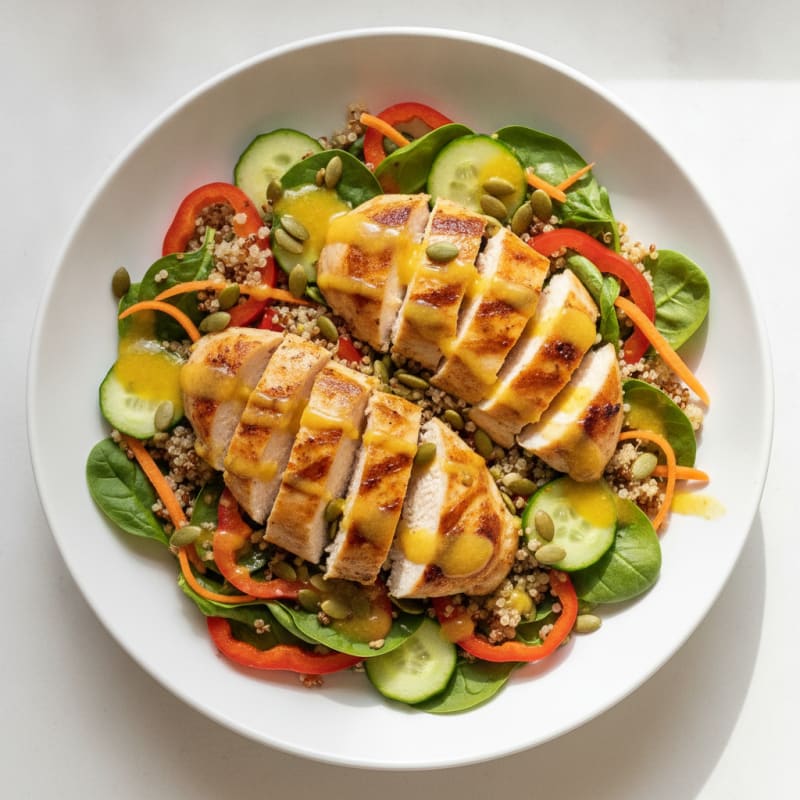 Grilled Chicken Breast Salad with Quinoa and Crunchy Vegetables