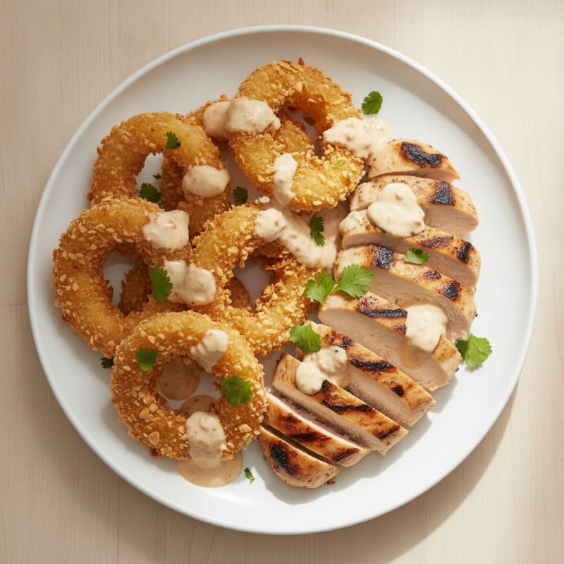 Beer-Battered Onion Rings with Chipotle Aioli & Grilled Chicken