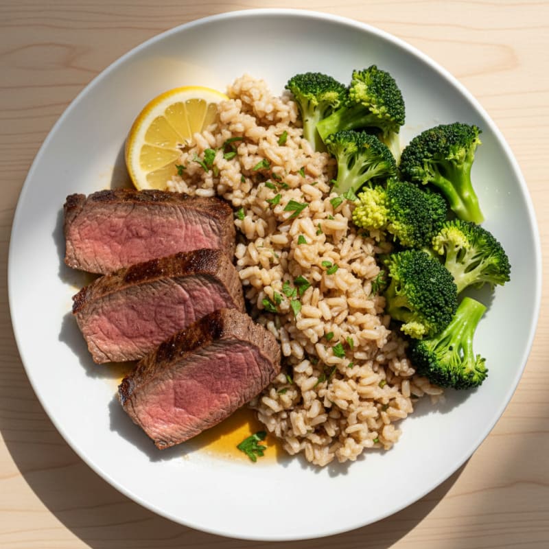 Seared Lean Beef with Herb Brown Rice and Steamed Broccoli