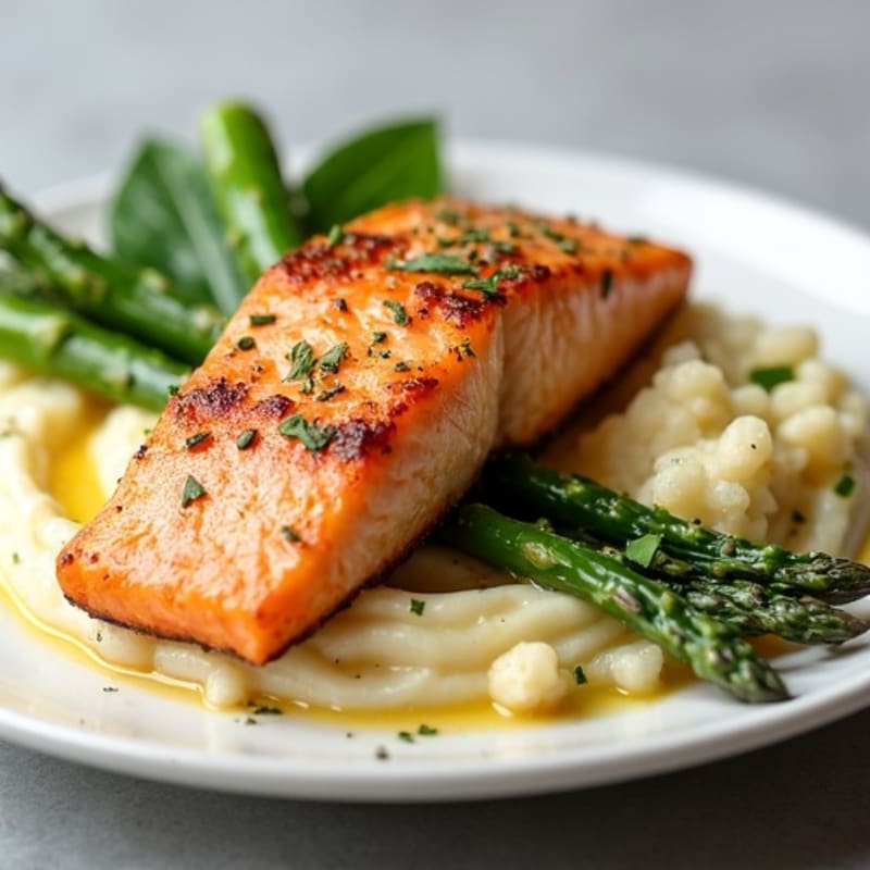 Seared Salmon with Steamed Asparagus and Garlic Mashed Cauliflower