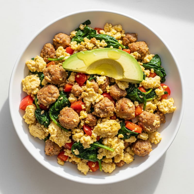 Egg White and Turkey Sausage Scramble with Spinach and Bell Peppers