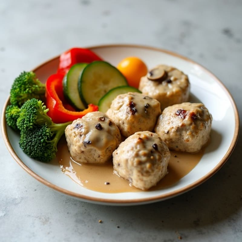 Lean Turkey Meatballs with Creamy Mushroom Gravy and Roasted Vegetables