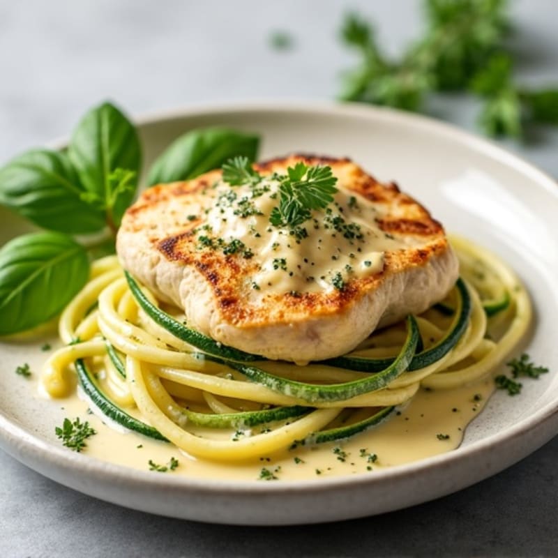 Creamy Cauliflower Alfredo Chicken with Zucchini Noodles