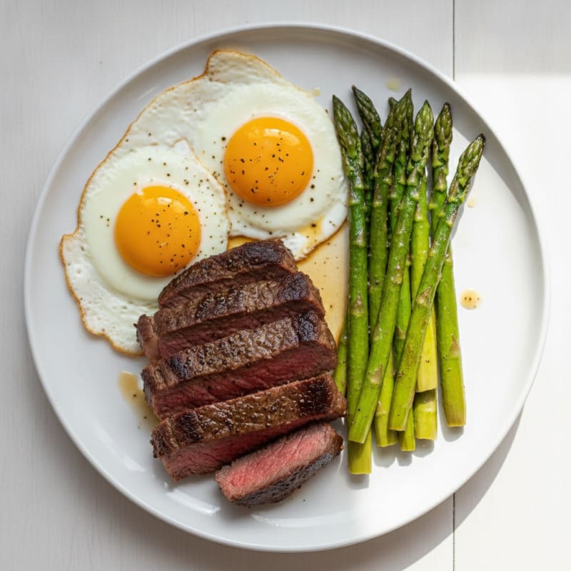 Seared Steak and Eggs with Roasted Asparagus