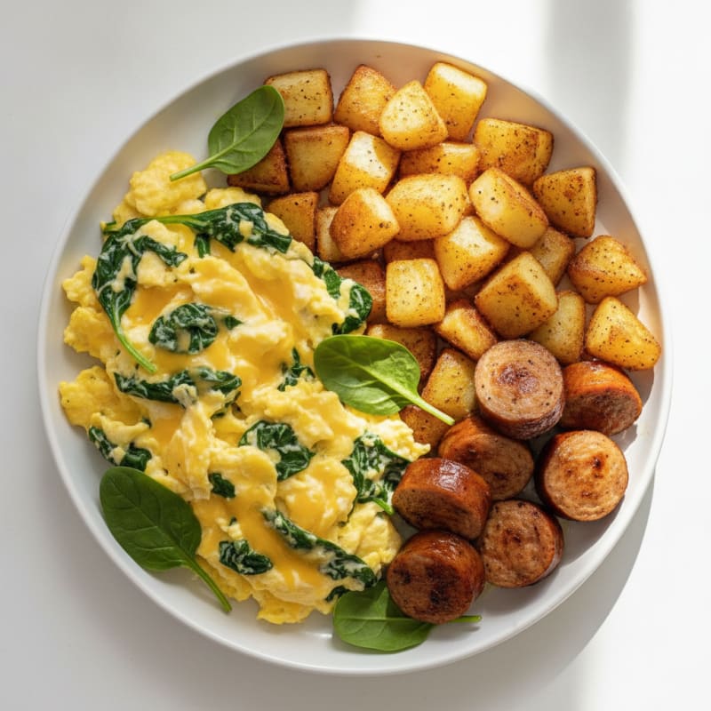 Cheesy Scrambled Eggs with Crispy Potato Hash and Chicken Sausage