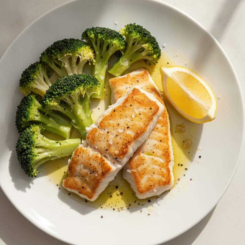 Seared Cod with Steamed Broccoli and Lemon