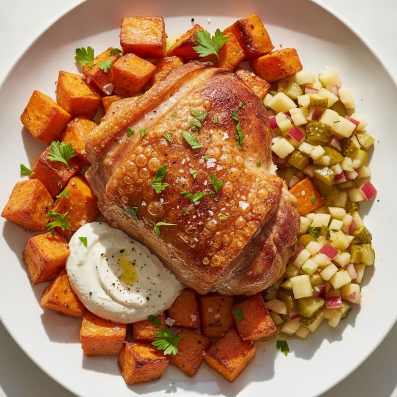 Roasted Pork Leg with Sweet Potatoes and Apple-Pickle Relish