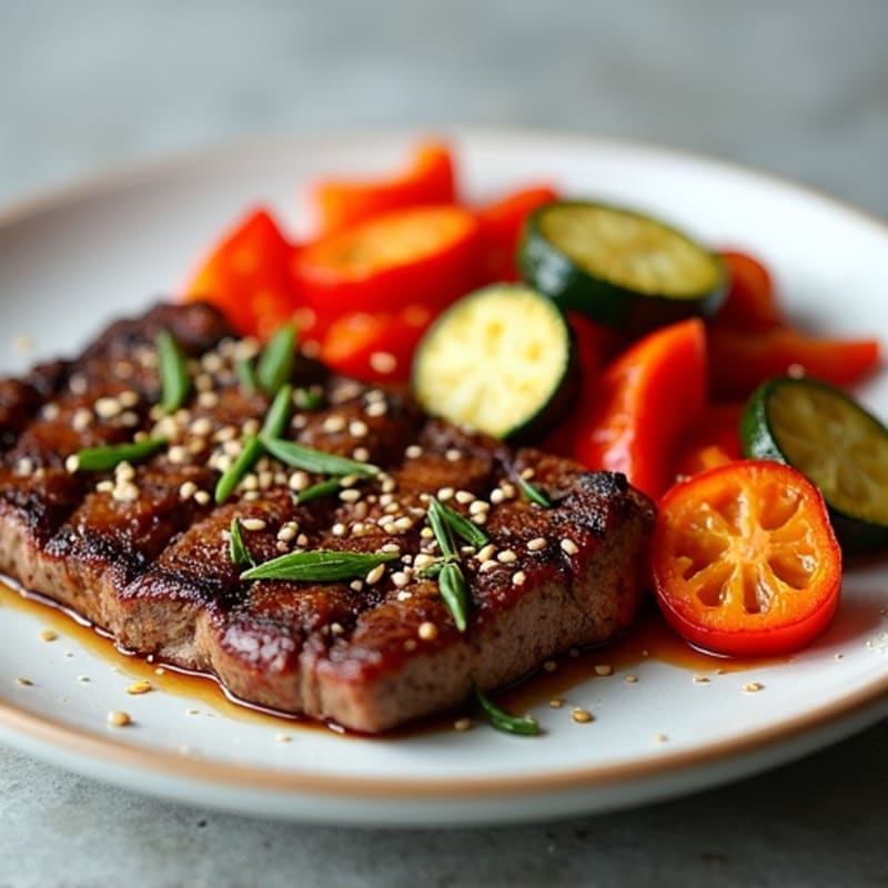 Tender Grilled Sesame-Garlic Beef with Roasted Vegetables