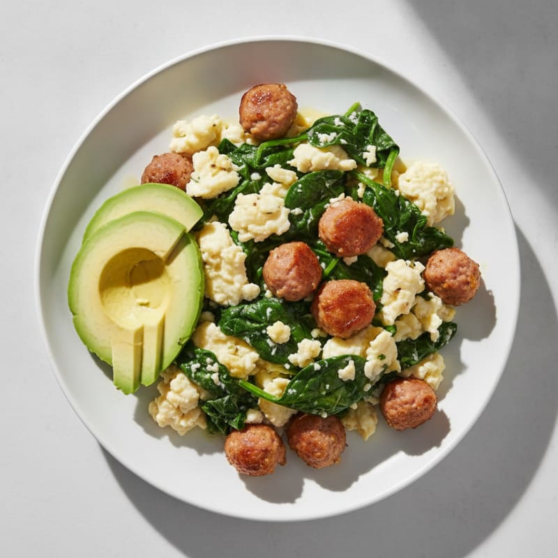 Egg White Scramble with Sautéed Spinach and Turkey Sausage