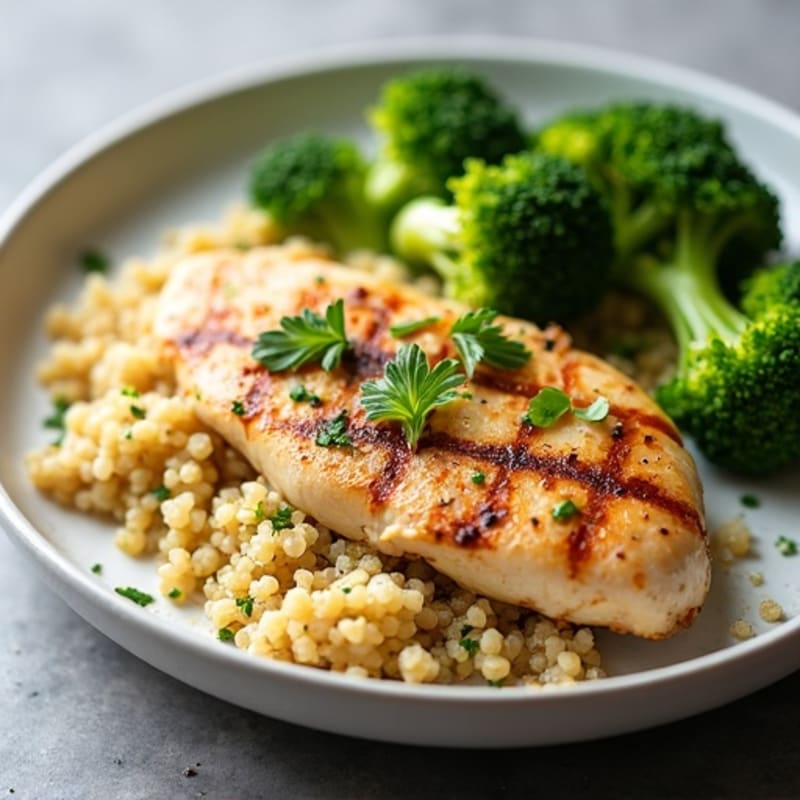 Grilled Lemon Herb Chicken Breast with Quinoa and Steamed Broccoli
