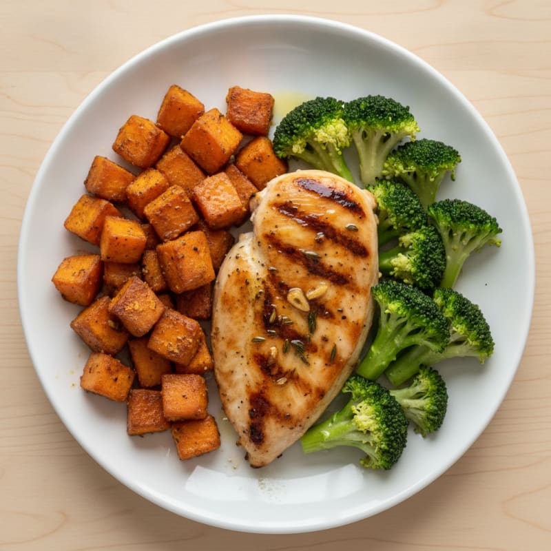Grilled Chicken Breast with Roasted Sweet Potatoes and Steamed Broccoli