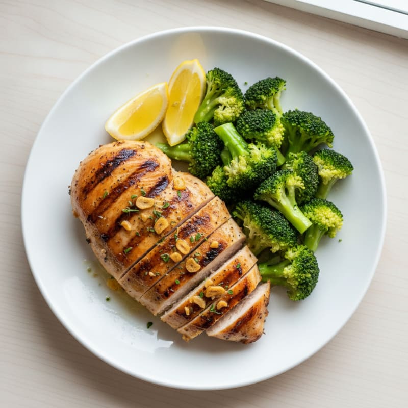 Grilled Chicken Breast with Steamed Broccoli and Lemon