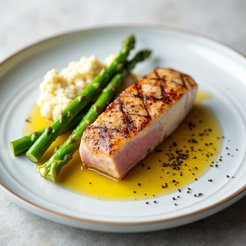Seared Tuna Steak with Steamed Asparagus and Cauliflower Mash