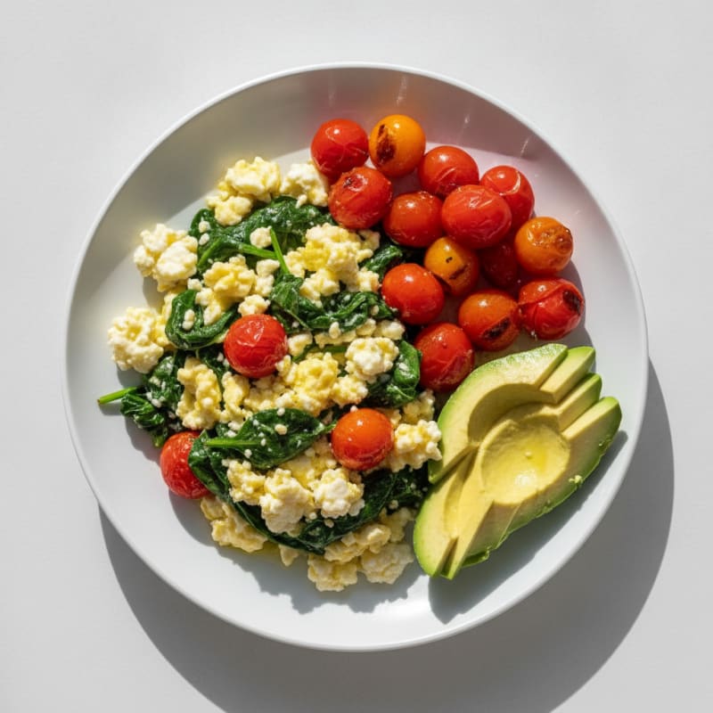 Cottage Cheese Egg Scramble with Sautéed Spinach and Cherry Tomatoes
