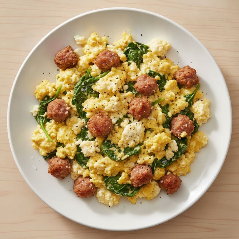 Cottage Cheese Scramble with Turkey Sausage and Spinach