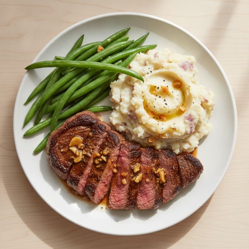 Seared Steak with Garlic Mashed Potatoes and Steamed Green Beans