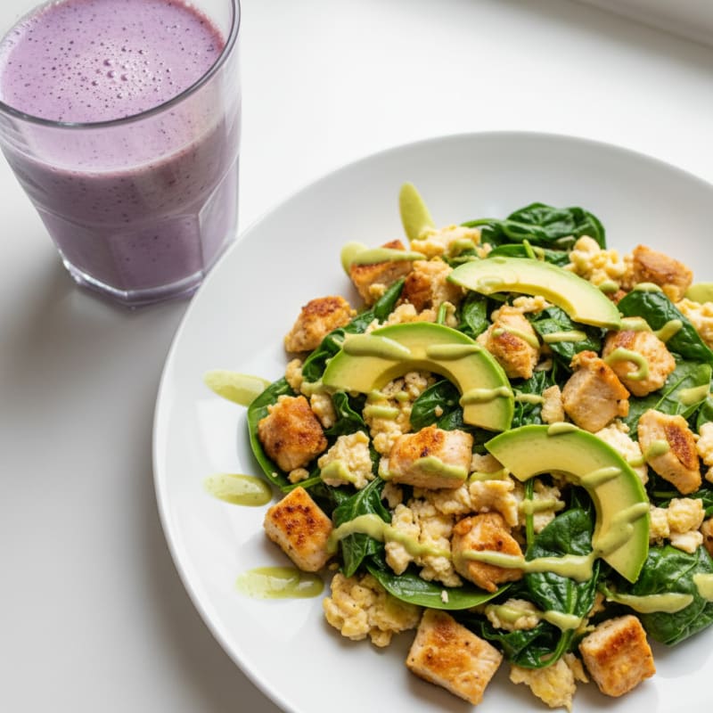 Chicken Egg White Scramble with Spinach and Protein Shake