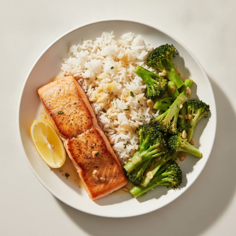 Pan-Seared Salmon with Steamed Rice and Sautéed Broccoli
