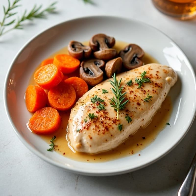 Creamy Paprika Chicken with Sautéed Mushrooms and Roasted Carrots