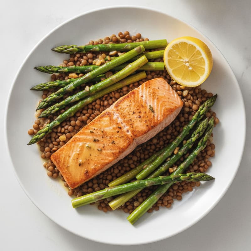 Seared Salmon Fillet with Steamed Asparagus and Lentils