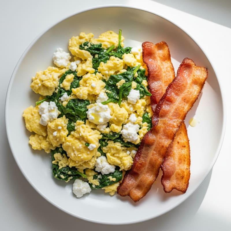 Cottage Cheese Egg Scramble with Spinach and Turkey Bacon