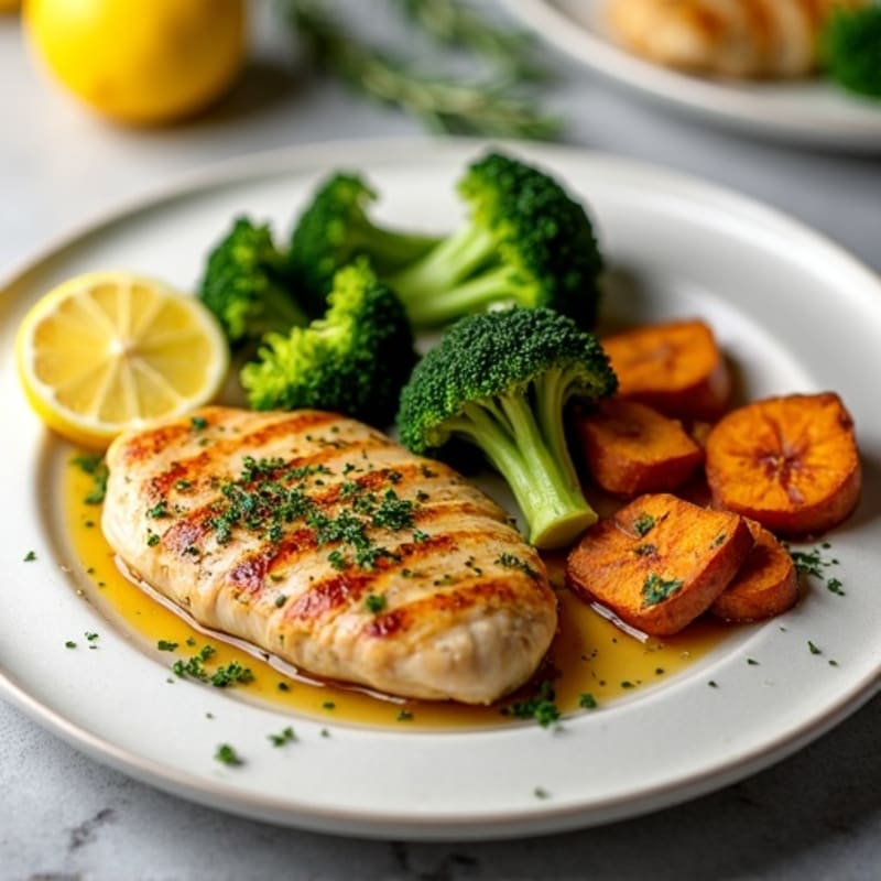 Lemon-Herb Roasted Chicken with Crispy Roasted Broccoli and Sweet Potato