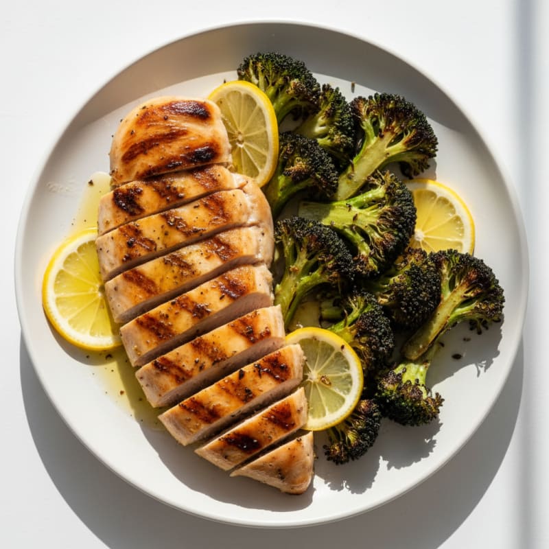 Grilled Chicken Breast with Roasted Broccoli and Lemon
