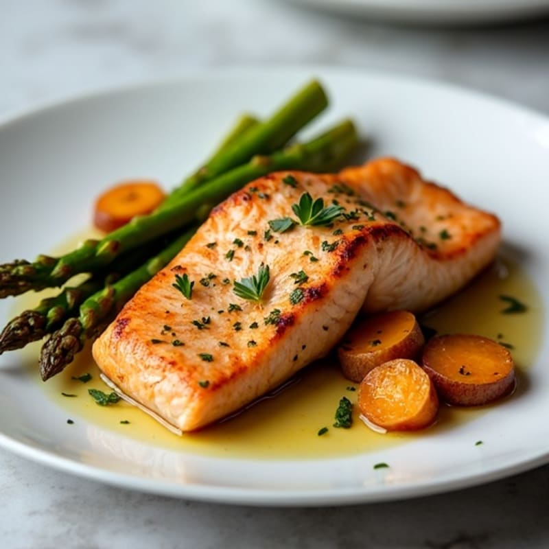 Seared Salmon Fillet with Roasted Sweet Potatoes and Asparagus