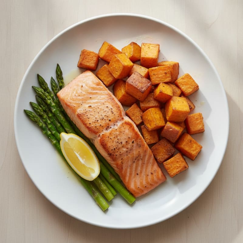 Seared Salmon Fillet with Roasted Sweet Potato and Asparagus