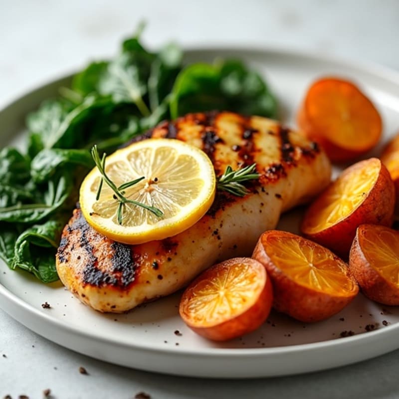 Lemon Herb Grilled Chicken with Sautéed Spinach and Crispy Roasted Sweet Potatoes