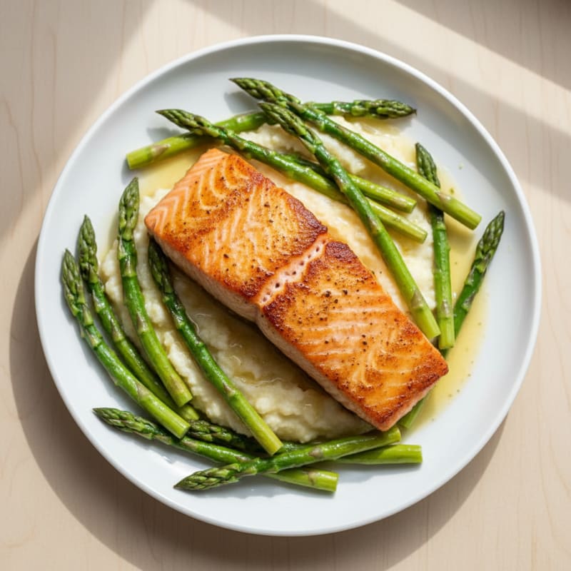 Seared Salmon with Steamed Asparagus and Cauliflower Mash