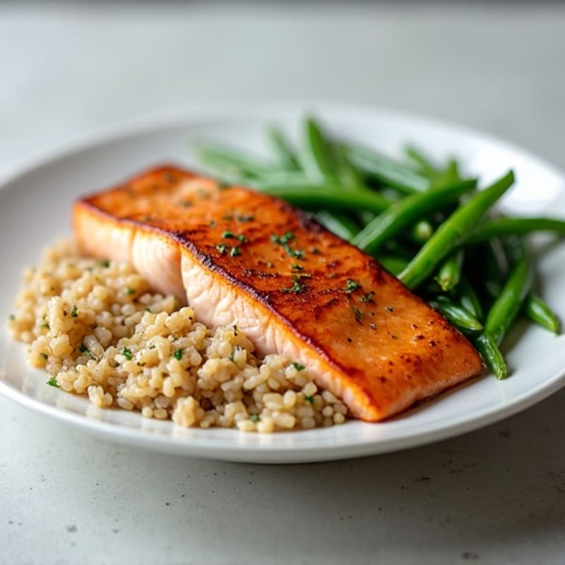 Seared Salmon Fillet with Garlic Green Beans and Brown Rice
