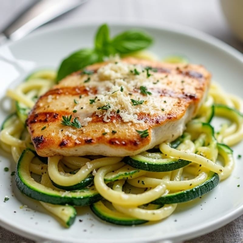 Creamy Cauliflower Alfredo Chicken with Zucchini Noodles