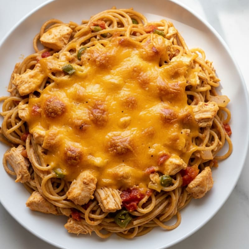 Cheesy Rotel Chicken Spaghetti Bake