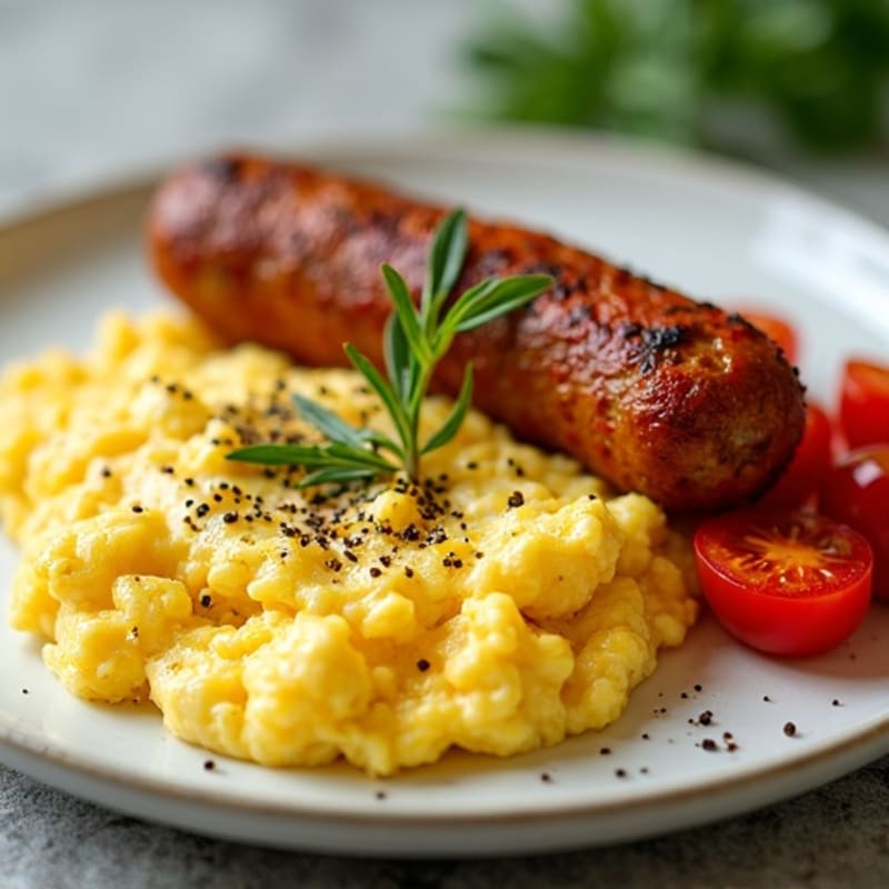 Crispy Veggie Sausage and Scrambled Eggs with Roasted Tomatoes