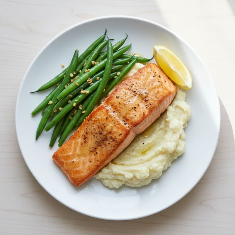 Seared Salmon with Garlic Green Beans and Mashed Cauliflower