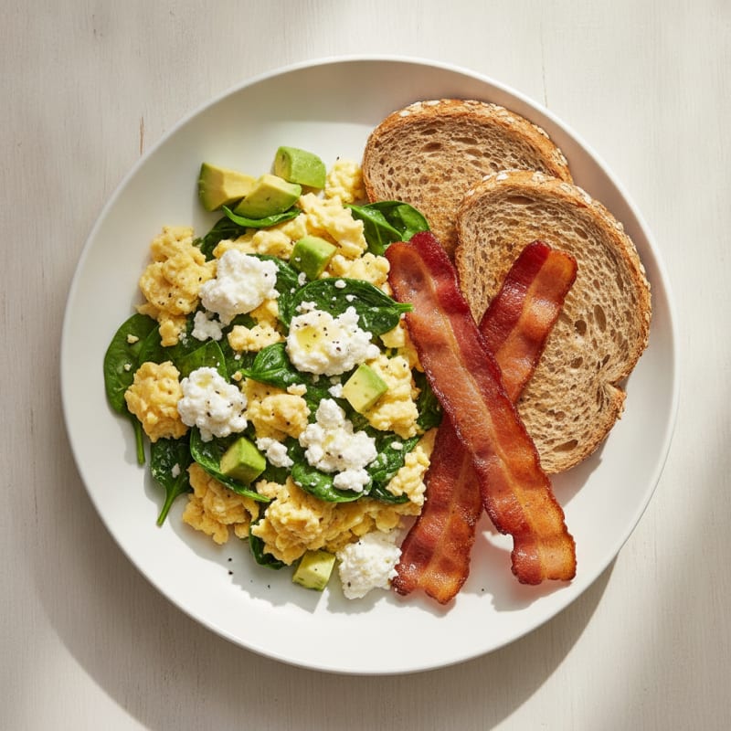 Cottage Cheese Scramble with Spinach and Turkey Bacon