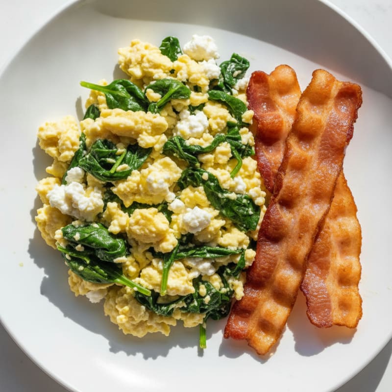Cottage Cheese Egg Scramble with Spinach and Turkey Bacon