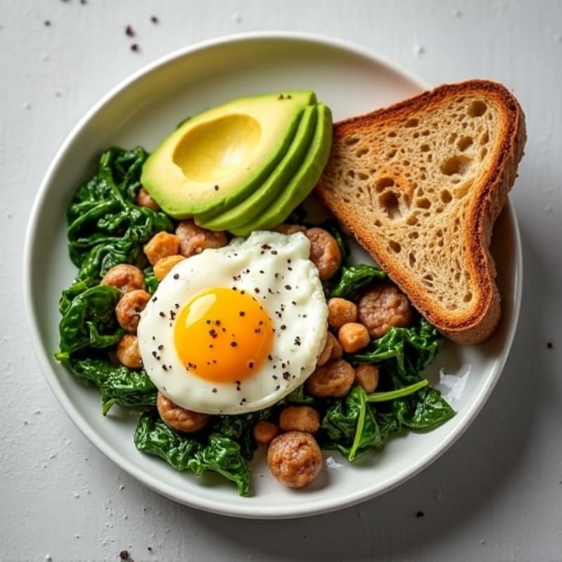 Egg White and Turkey Sausage Scramble with Sautéed Spinach