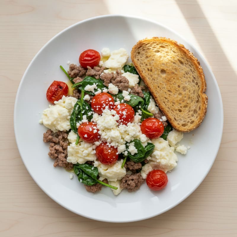 Egg White and Venison Scramble with Feta and Roasted Tomatoes